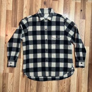 Nili Lotan M Virgin Wool Plaid Barn Coat Jacket Shirt Buffalo White Black Chore